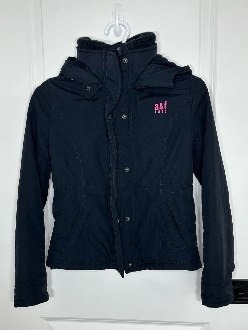 Kids-Abercrombie & Fitch Black Hooded Puffer Jacket with Pink Logo